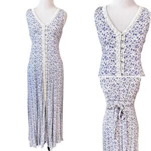 Cottagecore Boho Lace Floral Maxi Dress M Purple White Coquette Feminine Peasant